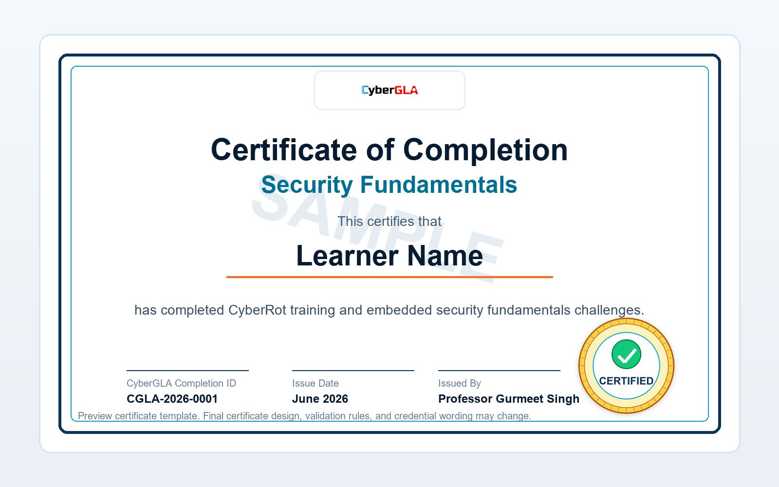 Preview of a CyberGLA CyberRot certificate of completion